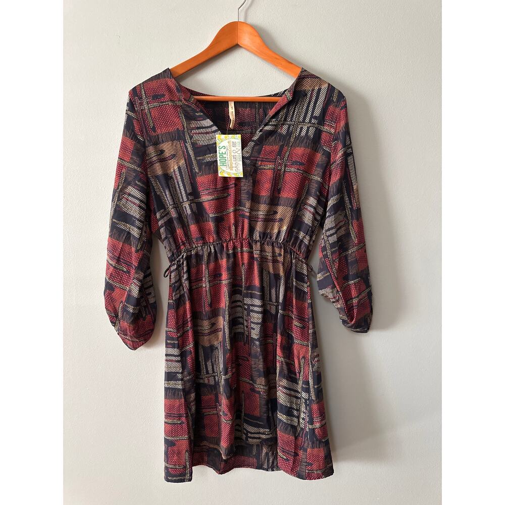 Boho Mini Dress Women Large Red Black Geometric Print 3/4 Sleeve Flowy